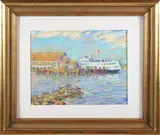 George Thomas, Noon Ferry Arrival Nantucket, Pastel on Paper