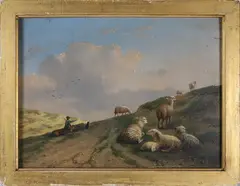 Auguste Coomans, Sheep Herder in Pastoral Landscape, Oil on Mahogany Panel