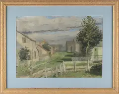 Sconset Cottages by Annie Barker Folger, Gouache Watercolor on Paper, offered Dec 2024