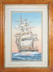 Three Masted Sailing Ship by A. Pastorel, Watercolor Seascape, offered Dec 2024