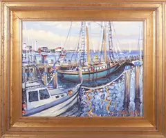 Moored Boats in Nantucket Harbor by Illya Kagan, Oil on Linen, offered Apr 2024