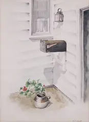 Mailbox and Potted Geranium by E. A. Mitchell, Watercolor on Paper, offered Apr 2024