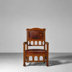 Georg Hulbe, Armchair, possibly for Louis Comfort Tiffany, Associated Artists, carved oak, close nail upholstered and embossed leather