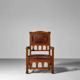 Georg Hulbe, Armchair, possibly for Louis Comfort Tiffany, Associated Artists, carved oak, close nail upholstered and embossed leather
