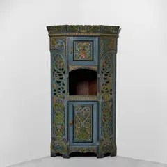 Lars Kinsarvik, Corner Cabinet, carved and painted pine, painted brass escutcheons