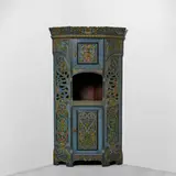 Lars Kinsarvik, Corner Cabinet, carved and painted pine, painted brass escutcheons