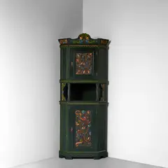 Lars Kinsarvik, Corner Cabinet, carved and painted pine, cold-painted brass escutcheons