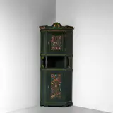 Lars Kinsarvik, Corner Cabinet, carved and painted pine, cold-painted brass escutcheons