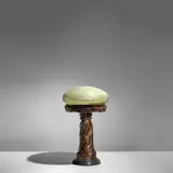 Swedish Art Nouveau, Table Lamp, blown and internally decorated iridescent glass, possibly for Reijmyre, repousse copper, ebonized wood