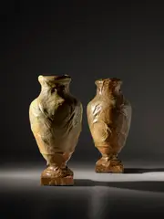 Georges Hoentschel, Pair of Monumental Exhibition Vases, glazed stoneware, incised artist's mark 'GH', one example with kintsugi embellishments