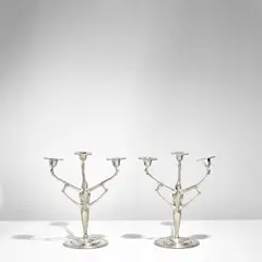 Friedrich Adler, Pair of Candelabra, for Urania, polished pewter, stamped '1014'