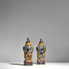 Th.A.C. Colenbrander, Pair of Vases and Covers, 's-Gravenhaagse Kunstaardewerkfabriek, glazed earthenware, painted mark 'WvG Haag', year letter 'B' for 1886