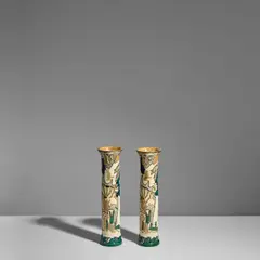 Th.A.C. Colenbrander, Pair of 'Pillar' Vases, for Rozenburg, glazed earthenware, painted mark 'Rozenburg Den Haag', titled 'arceering', year code 'F' for 1890 and a heart for painter W