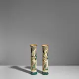 Th.A.C. Colenbrander, Pair of 'Pillar' Vases, for Rozenburg, glazed earthenware, painted mark 'Rozenburg Den Haag', titled 'arceering', year code 'F' for 1890 and a heart for painter W