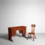 Herman Devries, Desk and 'Heart' Chair, for Cushman Colonial Creation, carved maple, metal tag to chair 'THIS IS A CUSHMAN COLONIAL CREATION NO