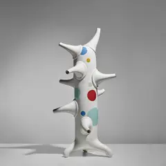 Michael Geertsen, 'Standing Object I', glazed earthenware, thrown and assembled, white and silver glazes with transfer printed multi-colored glaze discs