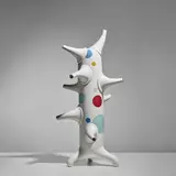 Michael Geertsen, 'Standing Object I', glazed earthenware, thrown and assembled, white and silver glazes with transfer printed multi-colored glaze discs
