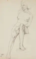 André Derain, Female Nude Leaning on a Stool, charcoal on laid paper, Atelier Andre Derain stamp lower left