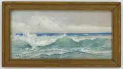 Arthur Diehl, Waves Crashing with Seagulls, oil on board, ca. 1910's