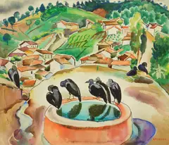 Alice Schille, The Fountain (Crows), Mexico, watercolor on paper, ca. 1930-35