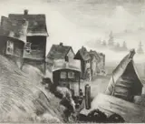 Mabel Dwight, Fishing Village, Nova Scotia, lithograph, 1931, bears a signature in pencil