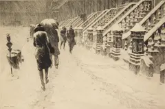 Martin Lewis, Stoops in Snow, drypoint and sandpaper ground, 1930