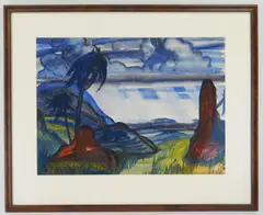Rain in Belgian Congo by Paul B. Travis, watercolor on paper, ca. 1928, matted and, sold Oct 2024