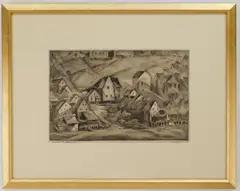 August Biehle, Brookside Park- Looking Left Going East on Klark (Clark) Avenue Bridge, graphite and colored pencil on paper, 1935