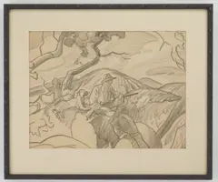 Frank Wilcox, Hunter and Dog in Landscape, graphite on paper, matted and