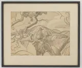 Frank Wilcox, Hunter and Dog in Landscape, graphite on paper, matted and