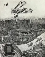 Bruce Mc Combs, The Great Flying Machine, etching, 1975