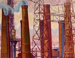 Chimneys by Phyllis Seltzer, oil on canvas, 1995, sold Oct 2024
