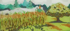 Gloria Plevin, Mr. Fisher's Little Corn Patch, woodcut in colors, 2000