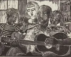 The Folk Singer by Margaret Taylor-Burroughs, linocut, 1991, sold Oct 2024