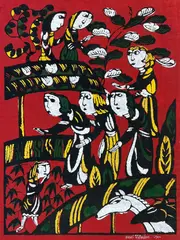 Sadao Watanabe, People Visiting Stable woodblock in colors, 1962, signed, dated and numbered 39/50 in white, ink