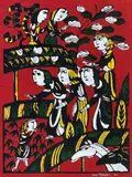 Sadao Watanabe, People Visiting Stable woodblock in colors, 1962, signed, dated and numbered 39/50 in white, ink
