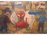 Farmers by Beppe Serafini, 1915, oil on carved cardboard, offered Oct 2018