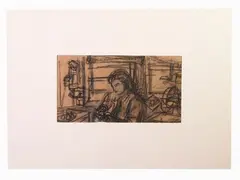 Interior View with Figure 1940s by Luigi Bartolini, 1892, charcoal on paper, offered Oct 2018