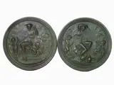 Renato Bertelli, Mithological Scenes With Venus and Diana, 1900, coppia di bassorilievi rotondi in ceramica patinata a finto bronze