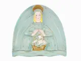 Luigi Comazzi, A 1930s Lenci Polychrome Ceramic Lunette of The Virgin With a Sailing Ship, 1914, lunetta a bassorilievo in ceramica dipinta nei toni del verde acqua