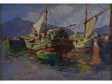 Sailing Ships by Carlo Domenici, 1898, oil on faesite, offered Nov 2017
