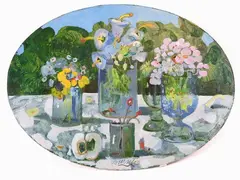 Still Life with Flowers in Vases and Apple by Antonio Possenti, 1933, oil on oval faesite, offered Oct 2017
