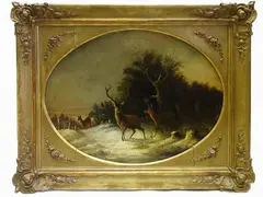 Snowy Landscape with Deers by Anton Schmitz, 1855, oil on oval canvas, offered Jul 2017