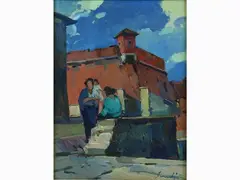 Livorno View with Figures by Piero Marchi, oil on faesite, offered May 2017