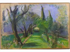 Tree-Lined Road by Elisabeth Chaplin, 1890, mixed media on paper laid on canvas With label on reverse Provenance: Galleria Michelucci, offered May 2017