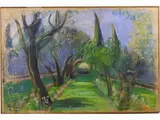 Elisabeth Chaplin, Tree-Lined Road, 1890, mixed media on paper laid on canvas With label on reverse Provenance: Galleria Michelucci
