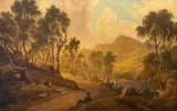 Joshua Wallis, Landscape with shepherd and flock, On the reverse: handwritten label with details of the work.
