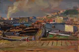 Luigi Crisconio, Harbor with barges, Signature lower left. & Nbsp;