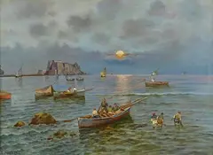 Fishermen in the Gulf of Naples by Attilio Pratella, Signature lower left. & Nbsp;, offered Feb 2021