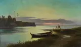 Achille Vertunni, Lake at sunset with fishermen, Signature lower right. & Nbsp;